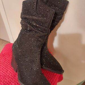 Chic Black Rhinestone Women's Heeled Boots